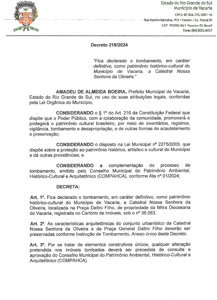 Documento do processo de tombamento da Catedral — página 1.