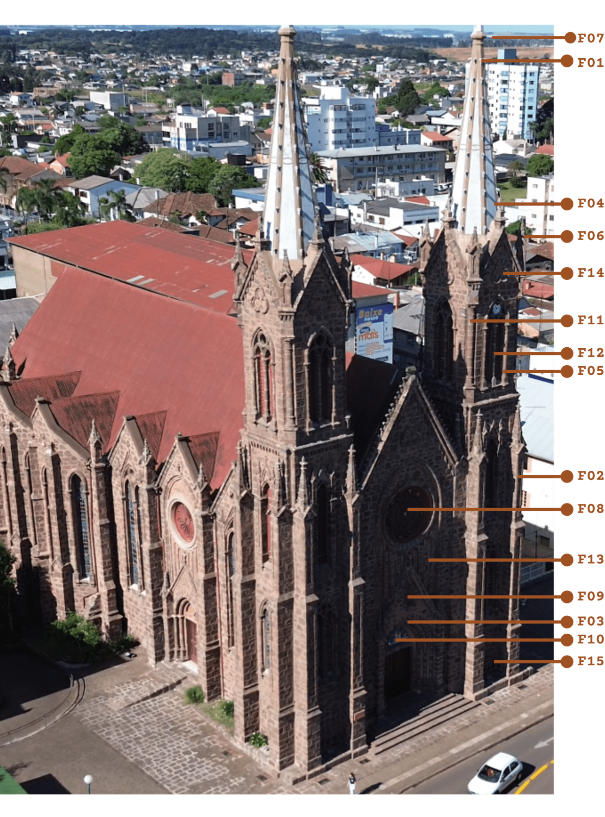 Vista aérea da fachada da Catedral com chamadas numeradas de F01 a F15 indicando cada elemento arquitetônico.