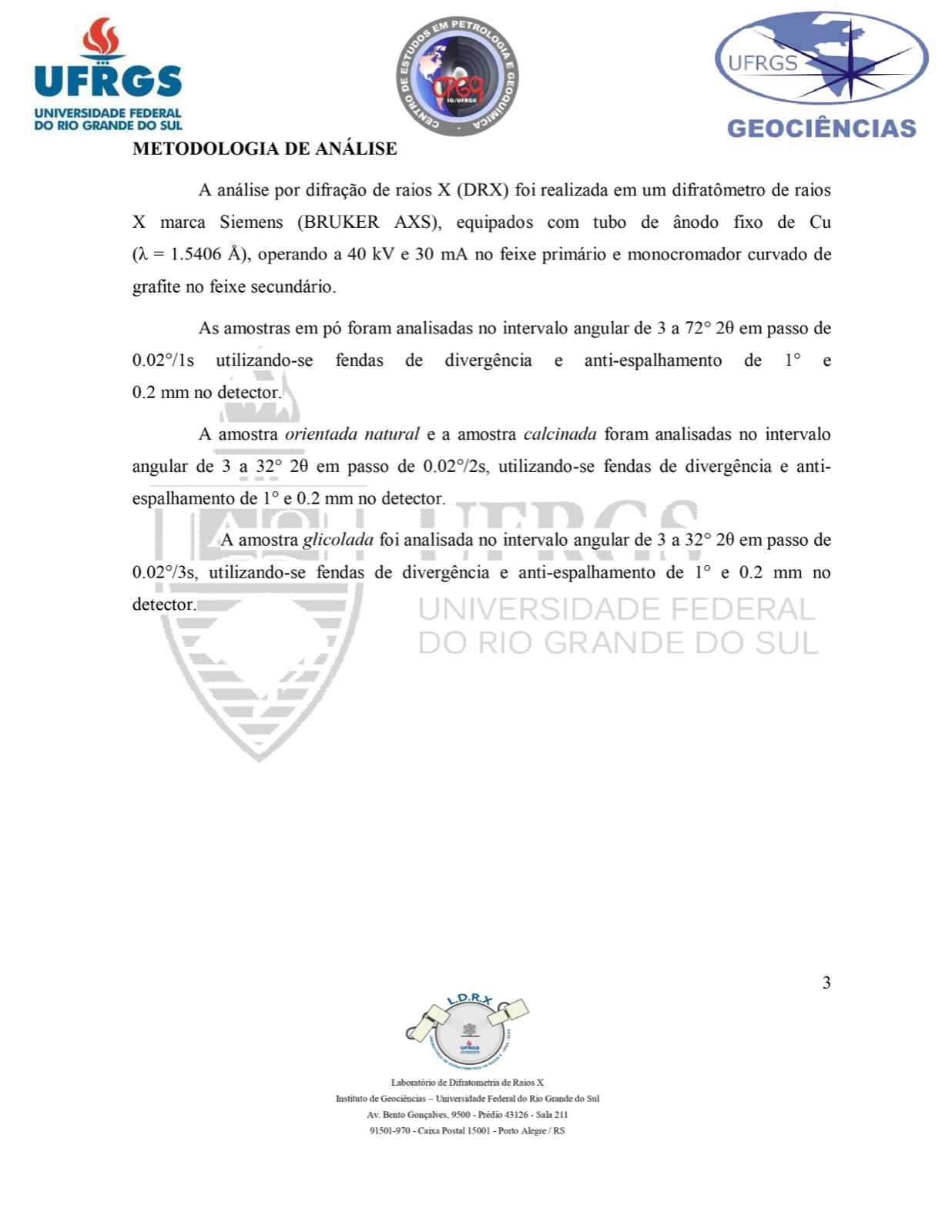 Página 3 de 5 do laudo técnico de difratometria de raios X, emitido pelo Laboratório de Difratometria de Raios X da UFRGS.