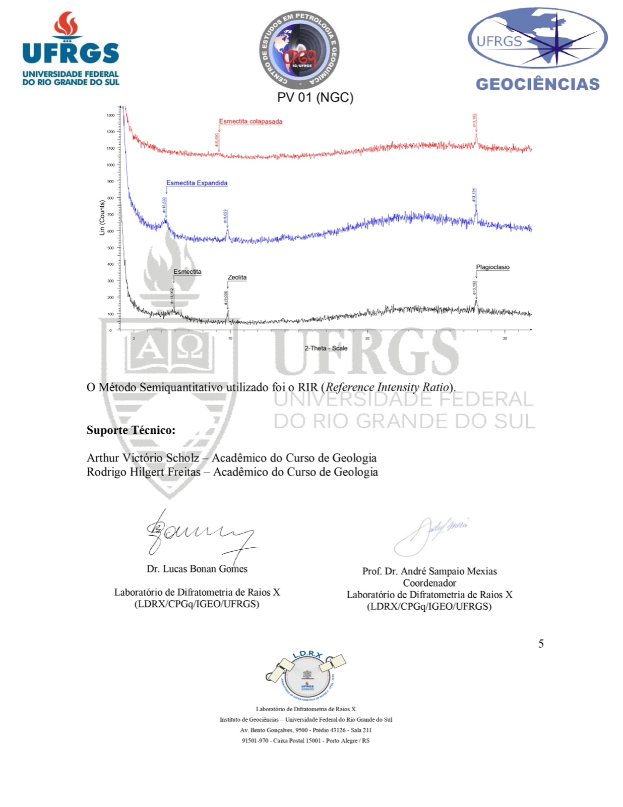 Página 5 de 5 do laudo técnico de difratometria de raios X, emitido pelo Laboratório de Difratometria de Raios X da UFRGS.