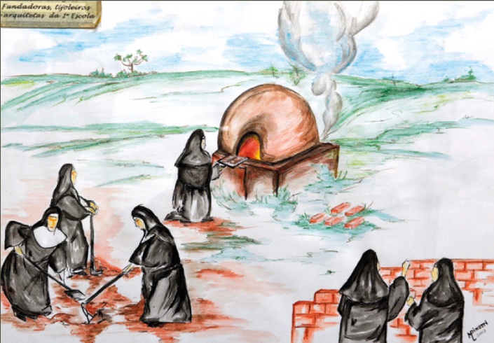 Desenho: Fundadoras, tijoleiras e arquitetas da 1ª Escola